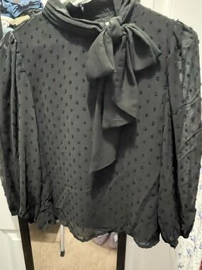 Riley & Rae Black Swiss Dot Bow-Neck Blouse